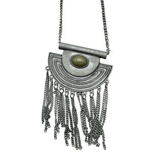 Paparazzi Silver & Olive Green Fringe Necklace & Earring Set